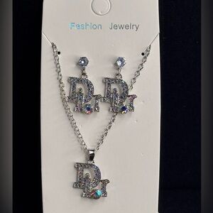 Fashion Jewelry Silver Tone Iridescent Crystal Necklace & Earring Set